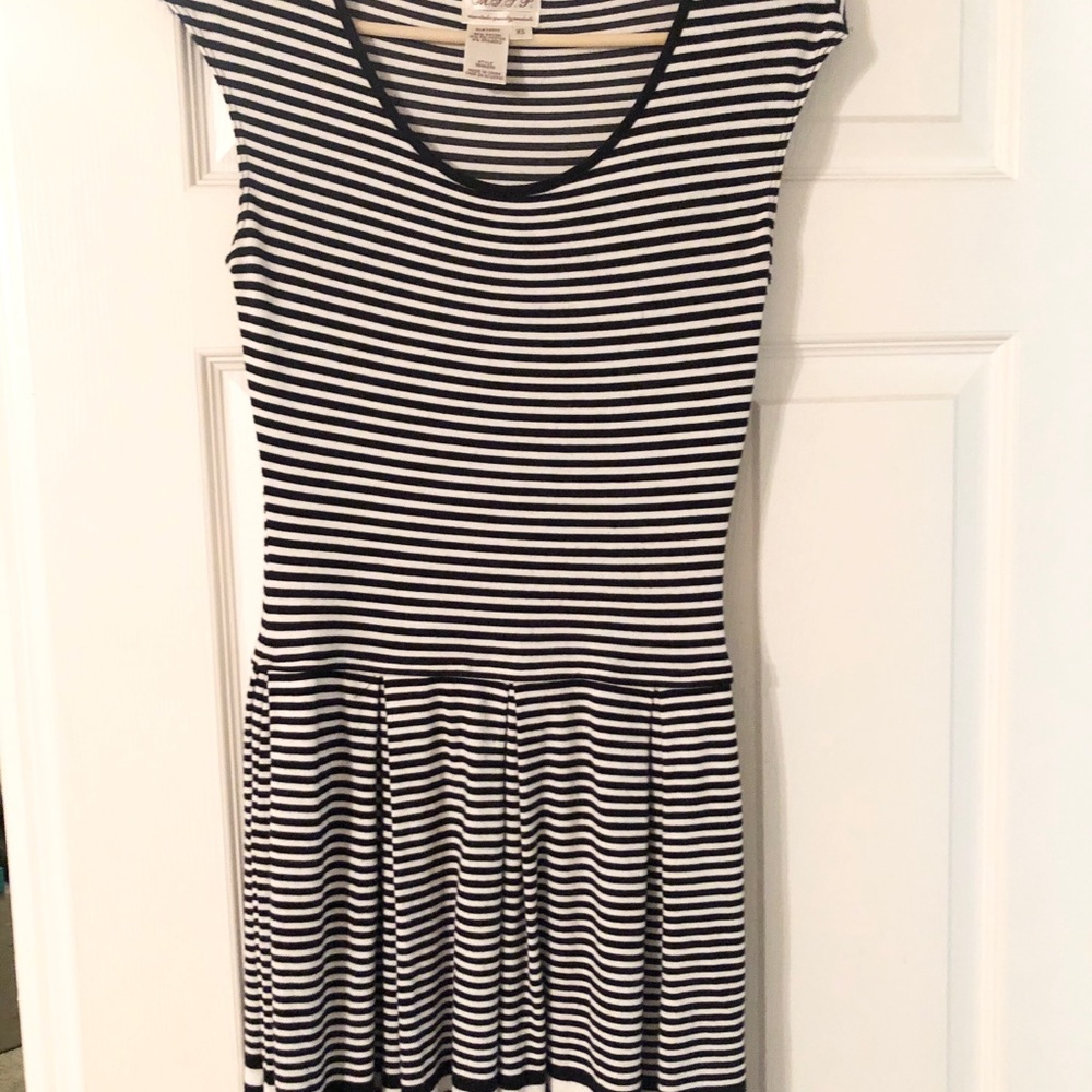 Black and white fit and flare dress.